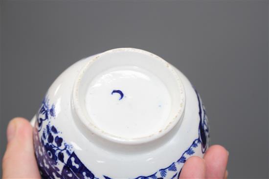 A Worcester blue and white coffee pot and cover, sugar bowl and cover and milk jug, c.1760-75 and a New Hall type teapot and cover c. 1